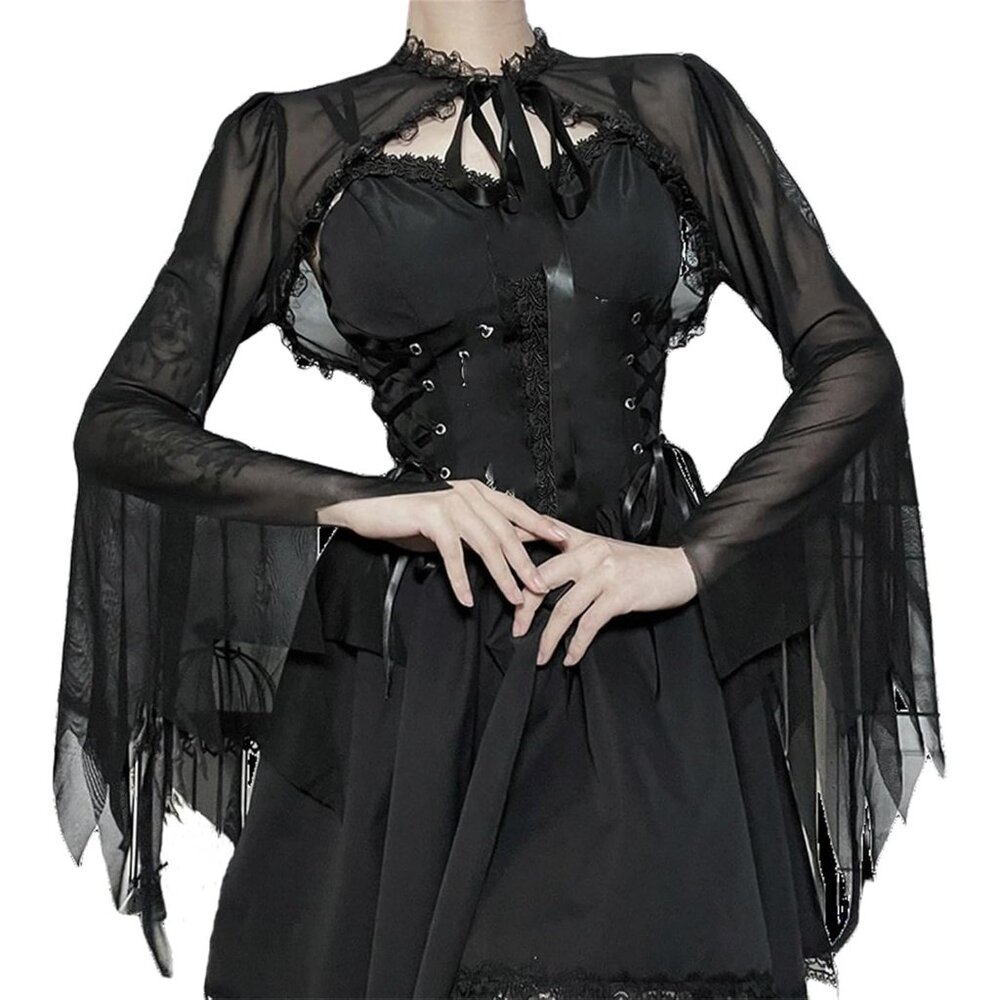Women's Black 4 Goth Bell Long Sleeve Bolero Shrug Crop Top - Picture 6 of 6